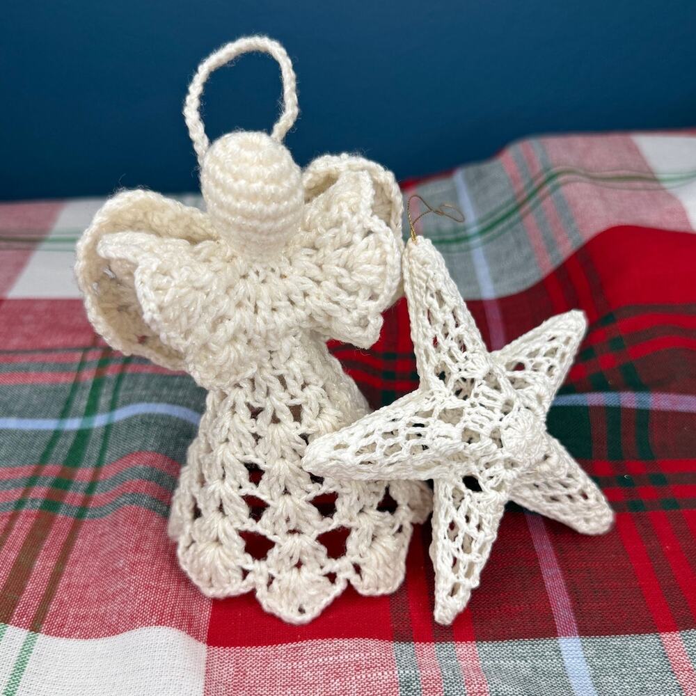Vintage Homemade Tree Topper and Ornament Crochet Angel and Star Ornaments